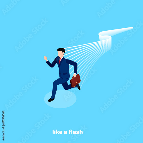 a man in a business suit with a briefcase runs faster than lightning, an isometric image