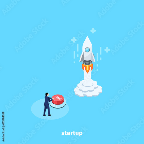 a man in a business suit presses the start button launching a rocket, an isometric image