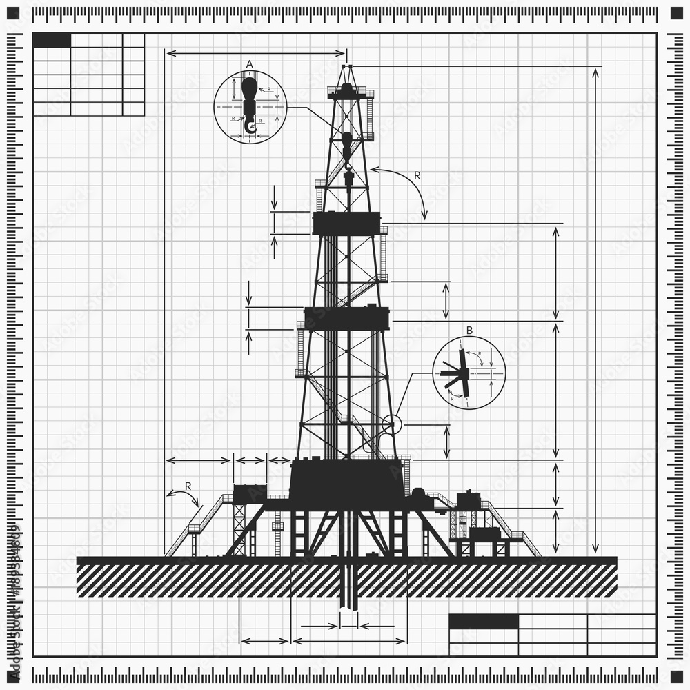 Blueprint of oil drilling rig silhouette. Detail raster illustration.