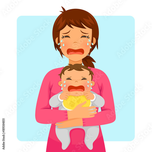 Young mother crying while holding her crying baby