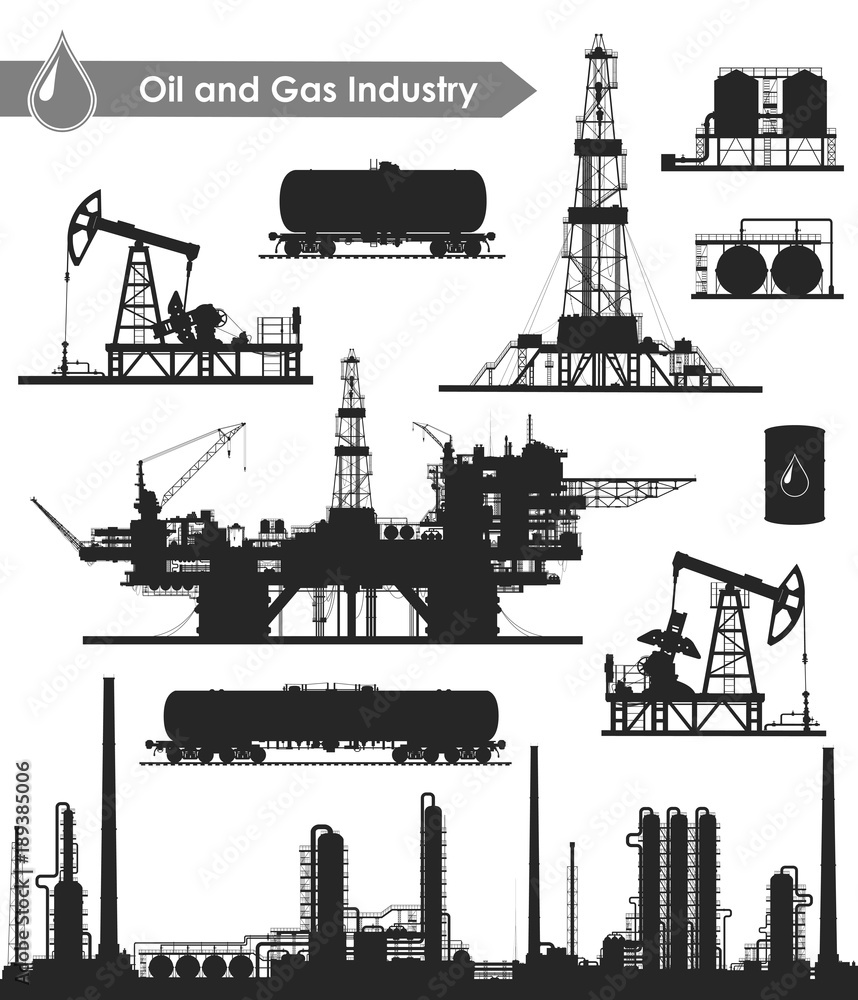 Drilling Rig Raster Image Set of oil and gas industry silhouettes. Oil refinery, offshore sea oil ...