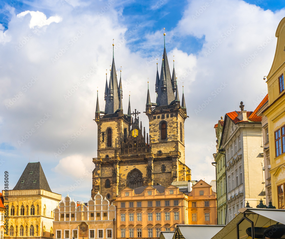 Fototapeta premium The Church of the Virgin Mary in front of Tyn in the center of Prague, in the Czech Republic. Medieval Gothic temple. It is located on the Old Town Square. Catholic cathedral.