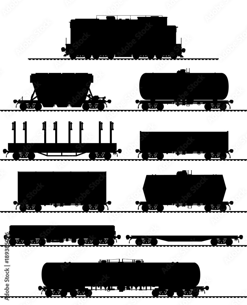 Set of train and different types of freight wagons. Detailed isolated