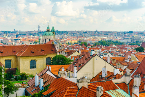 Prague. Czech Republic. View from the Prague Castle. Cathedral of St. Mikulas. Red tiled roofs
