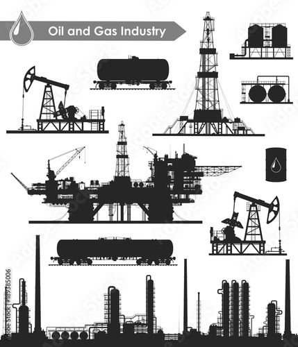 Set of oil and gas industry silhouettes. Oil refinery, offshore sea oil drilling rig, land oil drilling rig, oil pumpjack, barrel and railroad oil tank. Raster illustration.