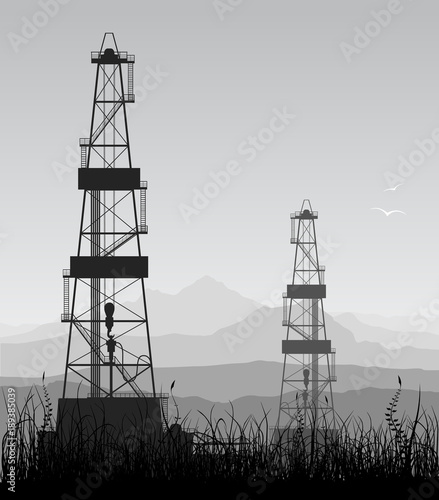 Oil rigs silhouette. Detailed raster illustration.
