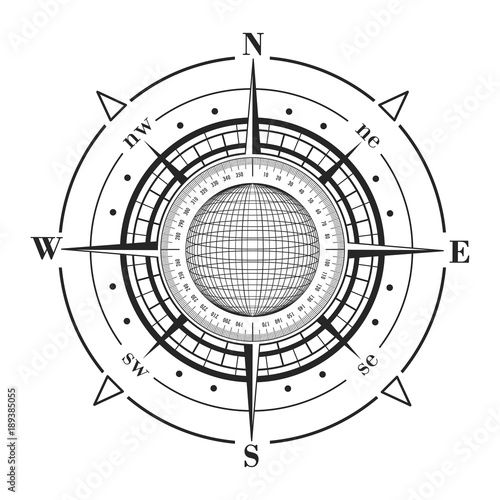 Radar compass rose with globe. Raster illustration.