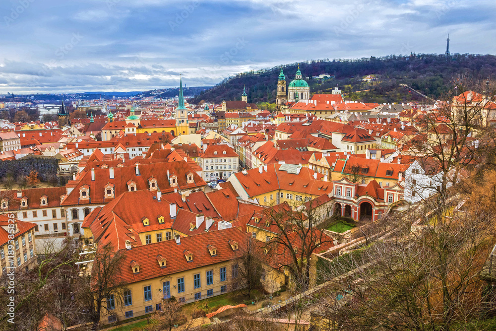 The aerial panorama of roofs at old town Prague, Czech republic