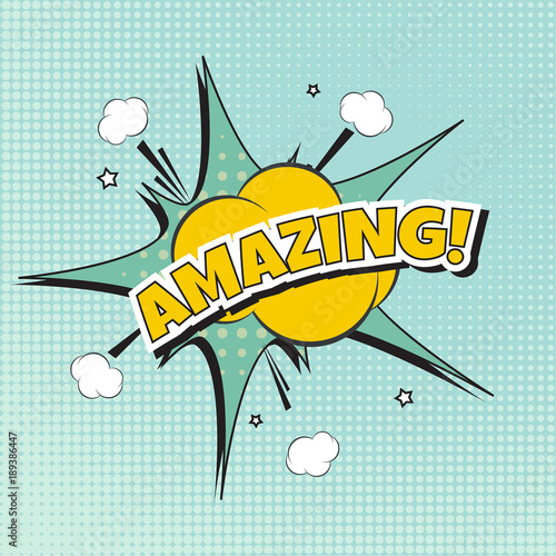 Amazing text with banner bomb explosion. Vector illustration  for emotion, blame and curiosity. Star burst funny dialog balloon. Pop art style. Color comics book text sound effects.