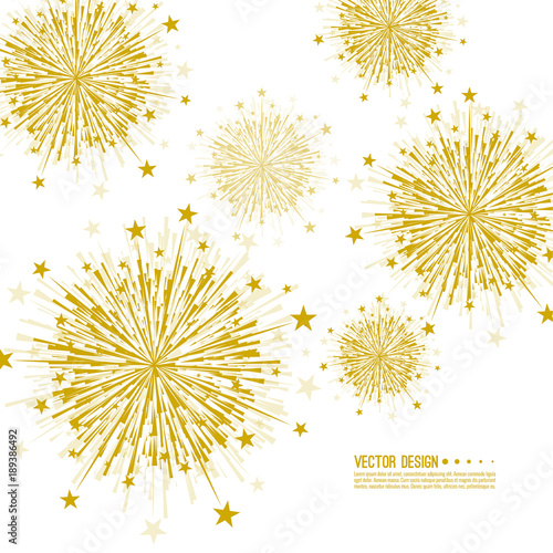 Vector firework design on white background with scattered stars and sparkles. Bright festive decoration.