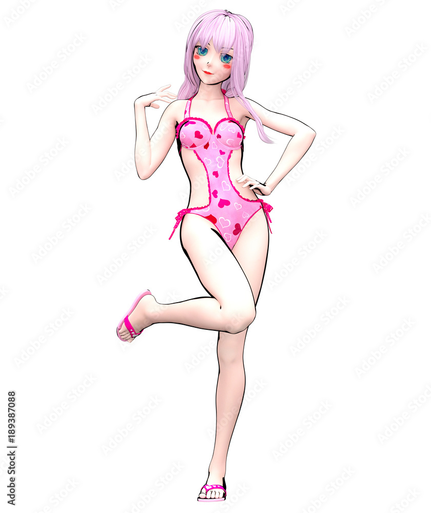 3D sexy anime doll girl big blue eyes bright makeupPink swimsuit hearts Cartoon comics sketch drawing manga illustrationConceptual fashion art Seductive candid poseSummer clothes collection Stock Illustration  Adobe  Stock