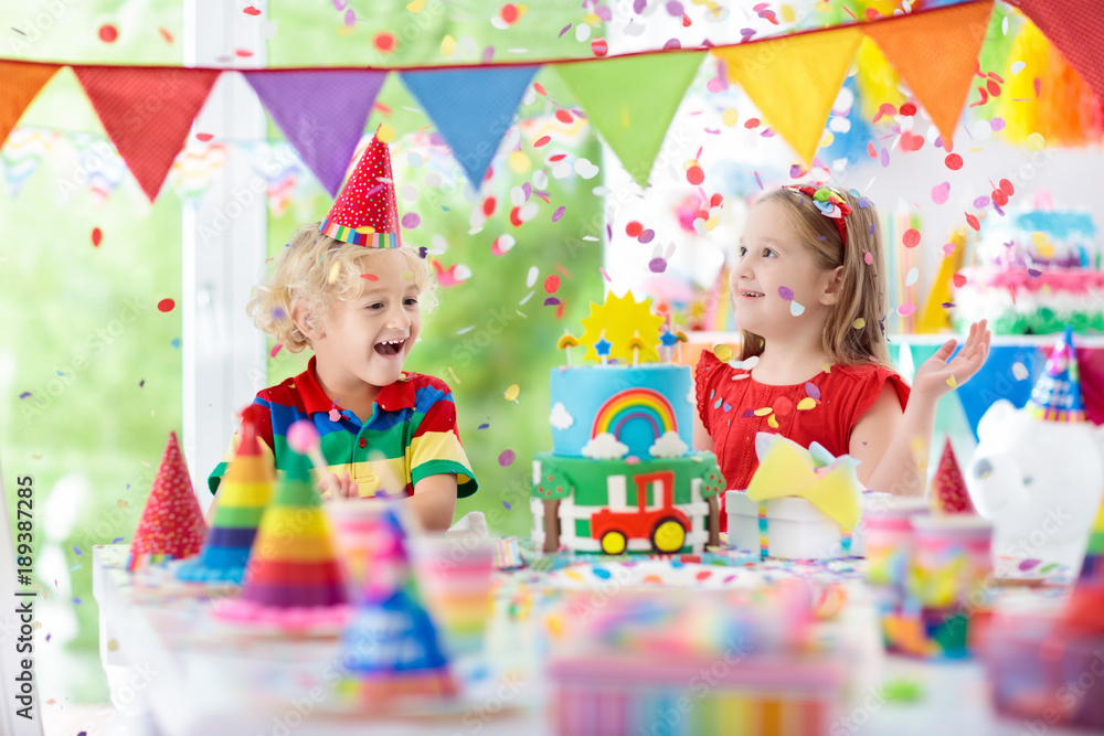 Fototapeta premium Kids party. Birthday cake with candles for child.