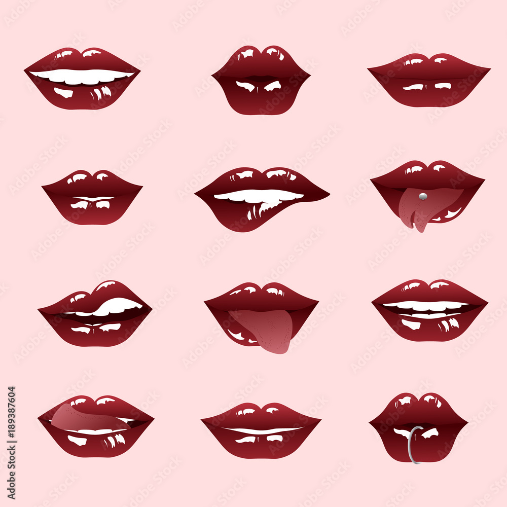 Red woman's lip icons set isolated on light background. Vector lips illustration for modern design. Red woman's lip icons set isolated on light background. Vector lips illustration for modern design.