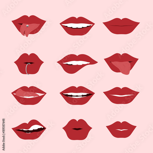 Red woman's lip icons set isolated on light background. Vector lips illustration for modern design.