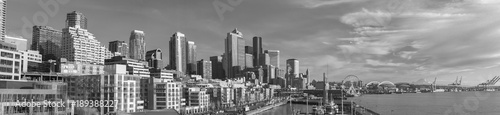 Panorama banner format downtown Seattle waterfront in black and white.