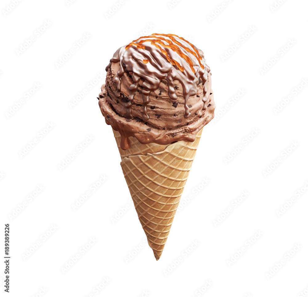 Close-up delicious coffee ice cream in waffle cone with chocolate cream and caramel isolated on white background. 3D illustration Close-up delicious coffee ice cream in waffle cone with chocolate cream and caramel isolated on white background. 3D illustration