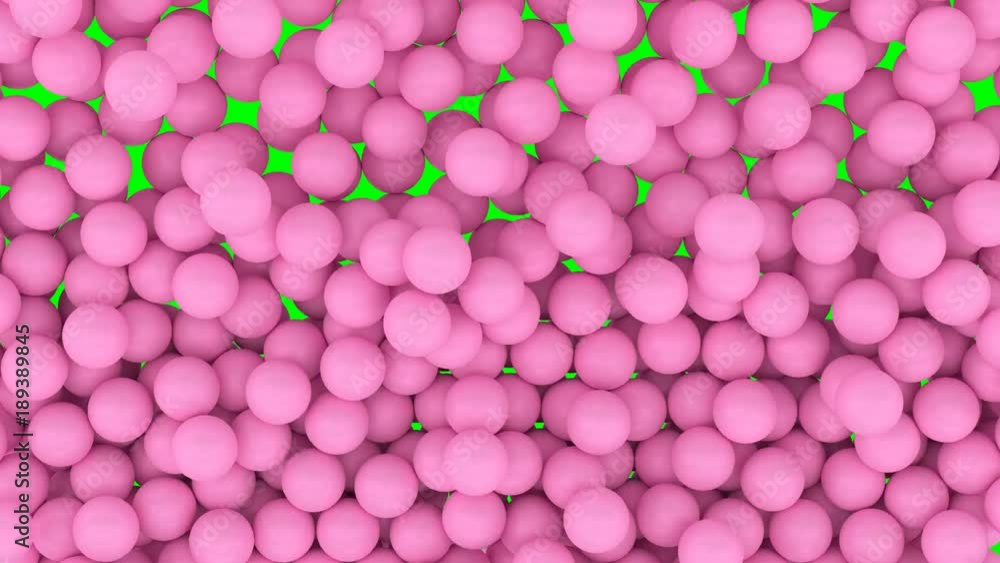 Animated falling and bouncing a lot of pink or magenta plain Ping-pong balls filling container against green background. Front camera shot. Animated falling and bouncing a lot of pink or magenta plain Ping-pong balls filling container against green background. Front camera shot.