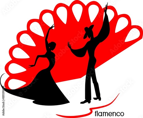 Stylized silhouettes of female and male flamenco dancers on red fan background