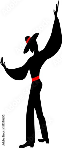 Stylized silhouette of a male flamenco dancer in a hat and with red belt