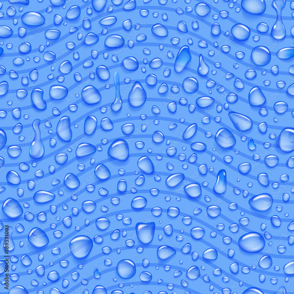 Seamless pattern of waves and water drops of different shapes with shadows in blue colors