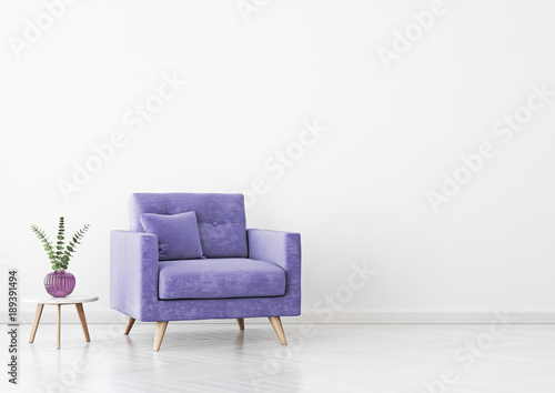 Living room interior with violet velvet armchair, pillow, plant in vase and coffee table on empty white wall background. 3D rendering.