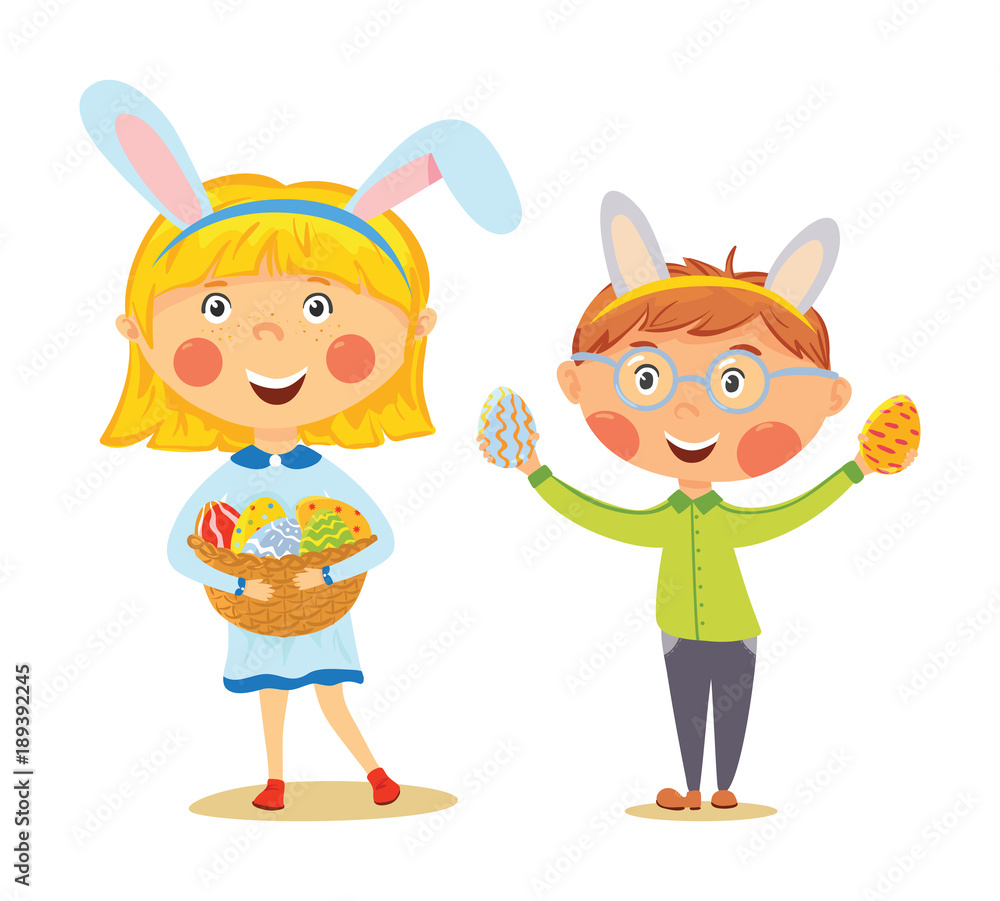 Easter kids in bunny ears with basket full of eggs Easter kids in bunny ears with basket full of eggs