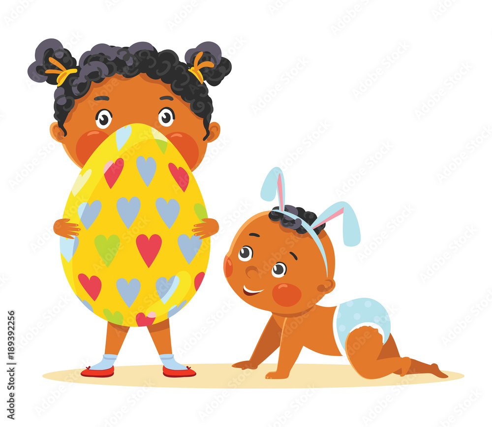 Fototapeta premium Easter kids in bunny ears with decorative egg