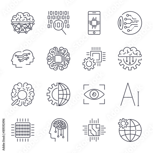 Icons set for artificial intelligence AI concept. Artificial intelligence AI line icons. Innovation technology manufacturing and programming. Editable Stroke