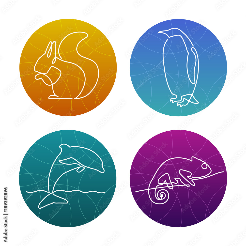 Set of 4 one line animals icons or logos. Squirrel, pinguin, dolphin, chameleon.