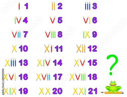 Educational page for children to study Roman numerals. Developing skills for counting. Vector cartoon image.