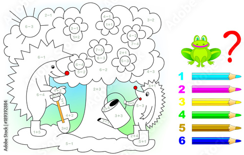 Mathematical worksheet for young children on addition and subtraction. Need to solve examples and paint the picture in relevant colors. Developing skills for counting. Vector image.