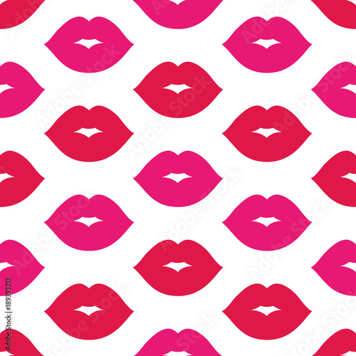 Lips pattern. Vector seamless pattern with woman's red and pink kissing flat lips. Isolated on white.