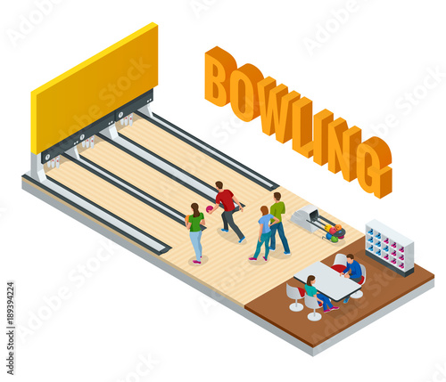 Isometric Bowling Center Interior with Game Equipment. Vector Bowling Alley for Game and Party.