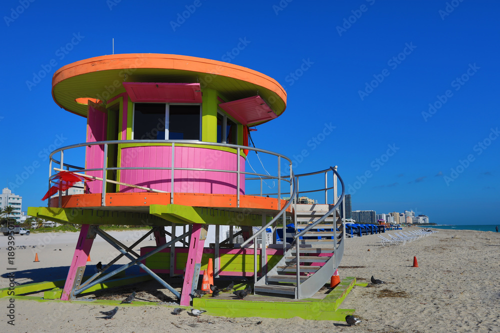 The lifeguard stations on Miami Beach, Florida are are indicative of the vibrant, art deco style of south beach.