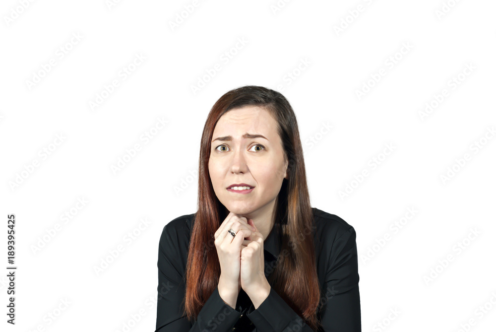 the girl on a white background depicts a fright the girl on a white background depicts a fright