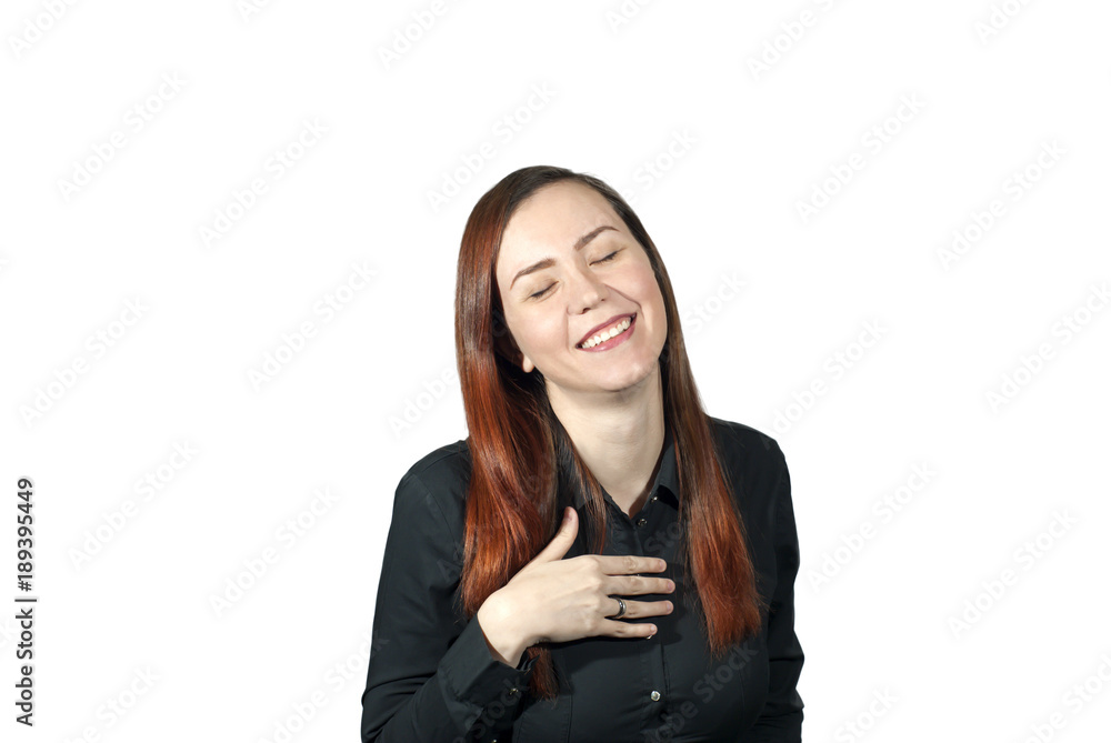 girl on white background expresses embarrassment laughing girl on white background expresses embarrassment laughing