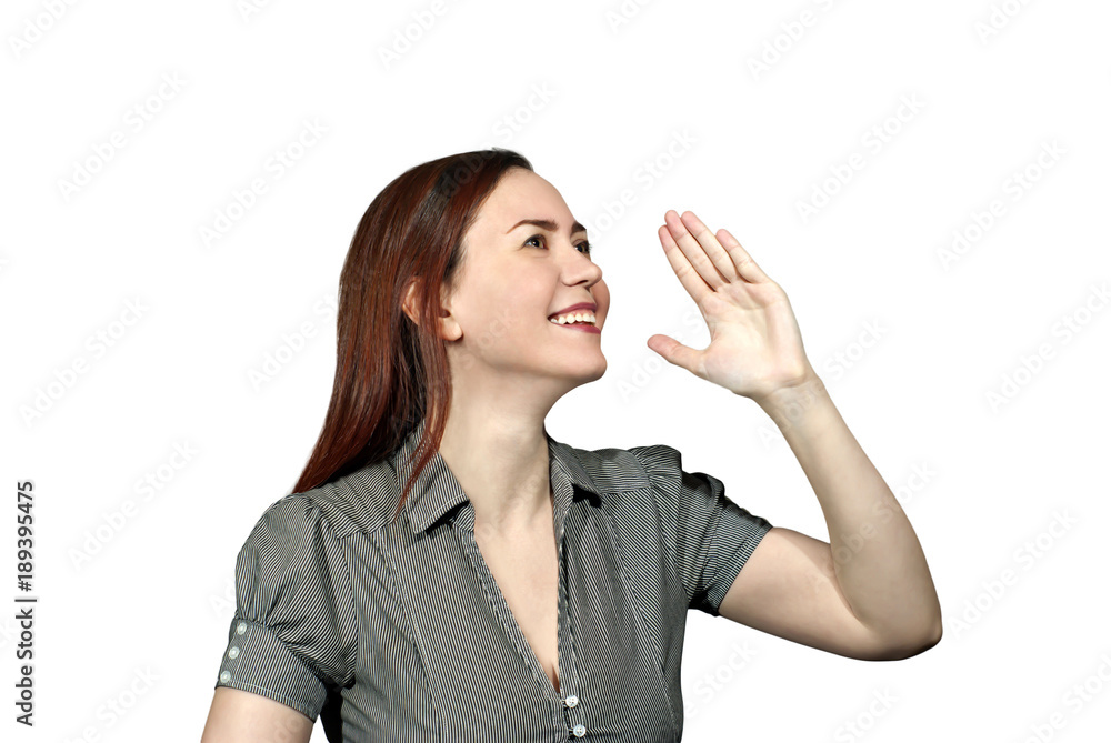 girl on a white background smiling holding her hand in front of her and screaming or calling someone girl on a white background smiling holding her hand in front of her and screaming or calling someone
