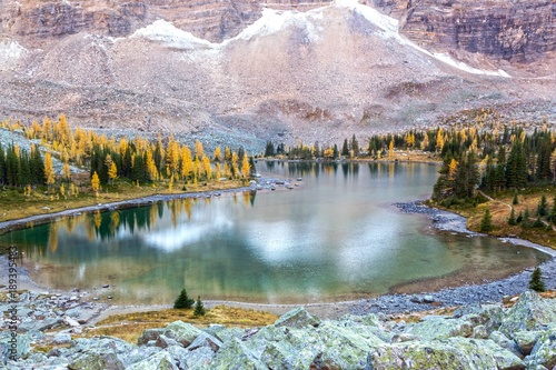 Alpine Lake Landscape on Opabin Plateau on Great Hiking Trail above Lake O’Hara during Autumn Colors Change in Yoho National Park British Columbia Canada