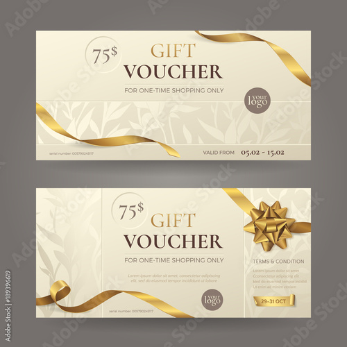 Set of stylish gift voucher with golden ribbons, a bow and floral patterns. Vector elegant  template for gift card, coupon and certificate with beige background. Isolated from the background.