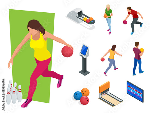 Isometric Bowling realistic icons set with game equipment, cafe tables, shelves for shoes, skittles, and balls isolated vector illustration. People, leisure, sport and entertainment