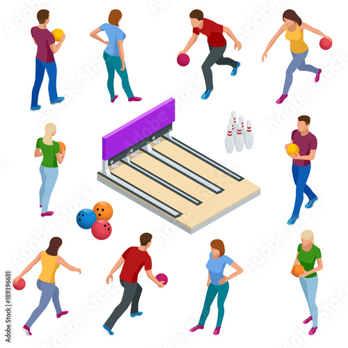 Isometric Bowling realistic icons set with game equipment, cafe tables, shelves for shoes, skittles, and balls isolated vector illustration. People, leisure, sport and entertainment