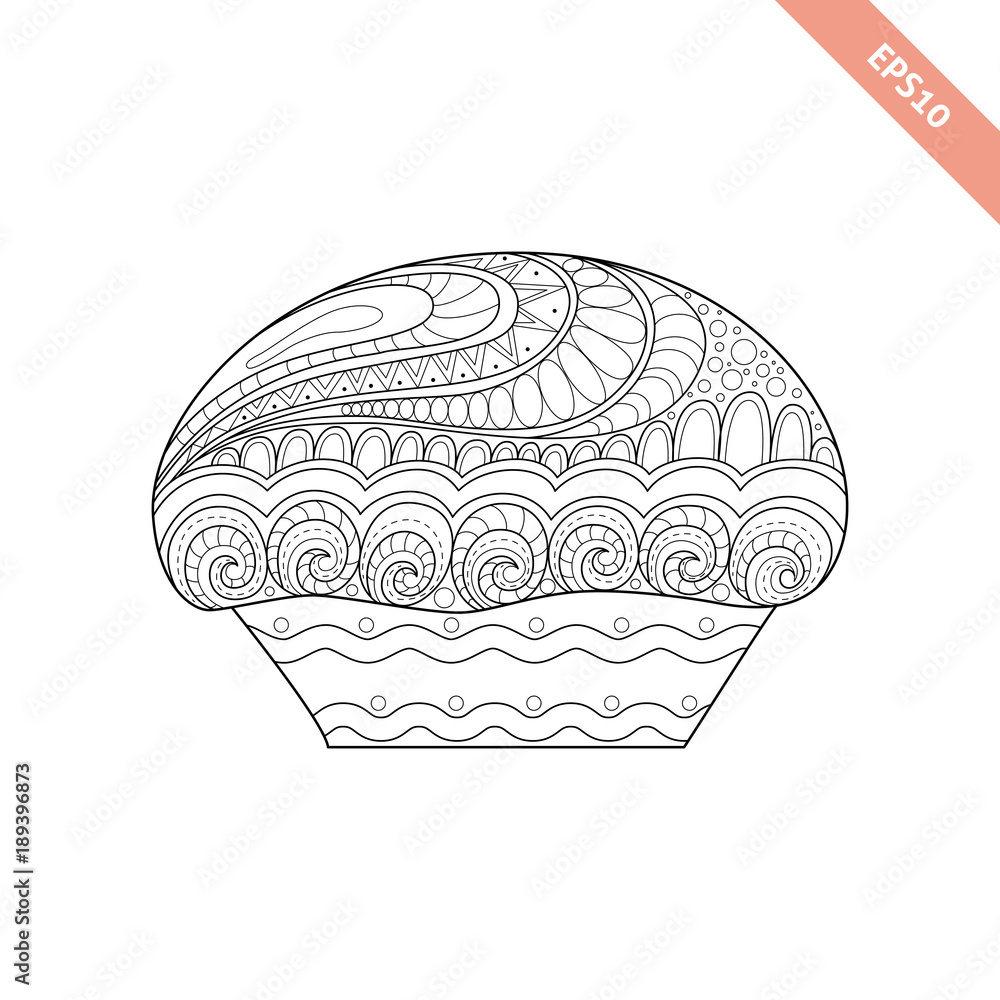 Cartoon hand drawn cupcake with floral doodle ornament. Coloring page