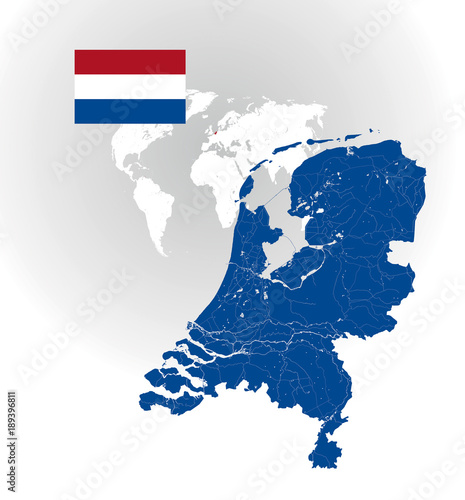 Map of Netherlands with rivers and lakes and the national flags of Netherlands.