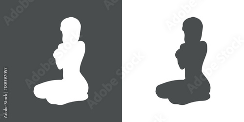 Icono plano silueta chica desnuda arrodillada gris y blanca