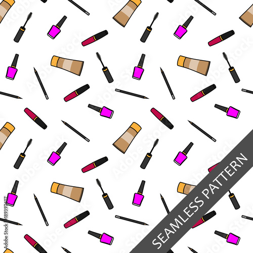 seamless pattern with accessories for makeup. Mascara, lipstick, lip gloss, nail Polish, concealer, powder, pencil eyeliner. Vector illustration.