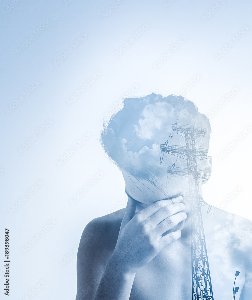 Obraz premium Killing progress. Pensive sorrowful young guy putting hand on eyes while lowering head and posing on the isolated background