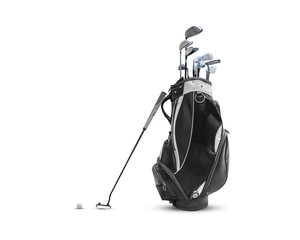 Golf bag ,golf ball and face balanced putter with Super Stroke putter grip isolated on white background