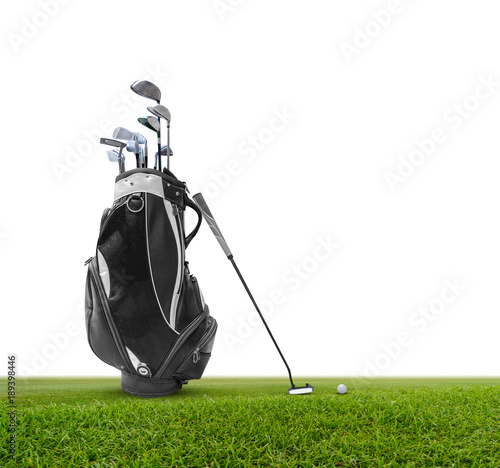 Golf bag ,golf ball and face balanced putter with Super Stroke putter grip on green isolated on white background