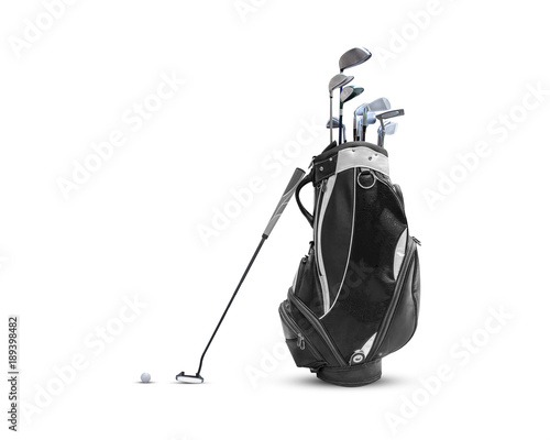 Golf bag ,golf ball and face balanced putter with Super Stroke putter grip isolated on white background
