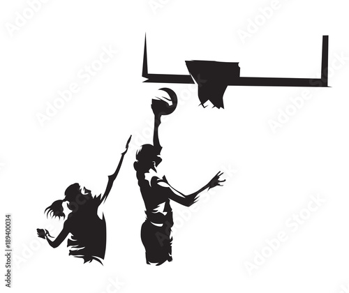 Basketball player shoots ball on the basket, the other defends. Abstract vector silhouette